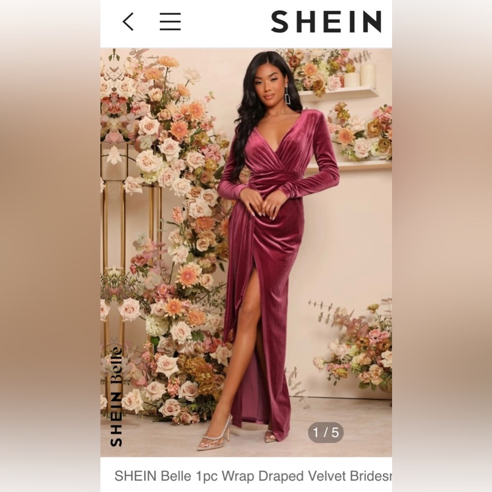 Shein - Pink, Velvet, long sleeve dress with slit